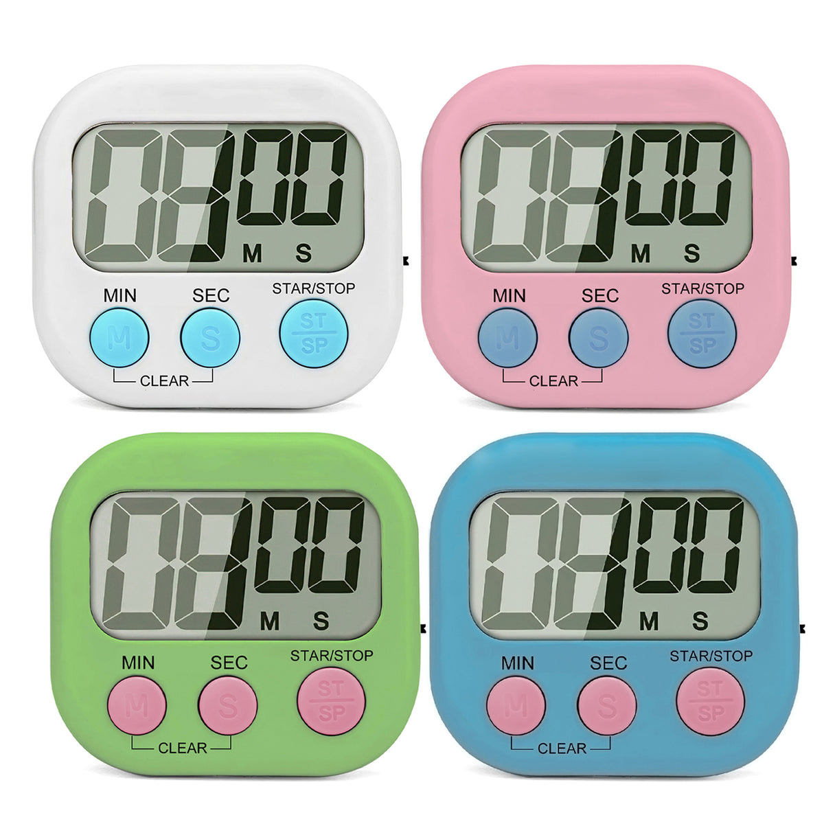 4 Pack Digital Kitchen Timer, ON/Off Switch, Large LCD Display Loud Alarm  and Magnetic Backing Stand, Classroom Timers for Cooking Baking Teachers